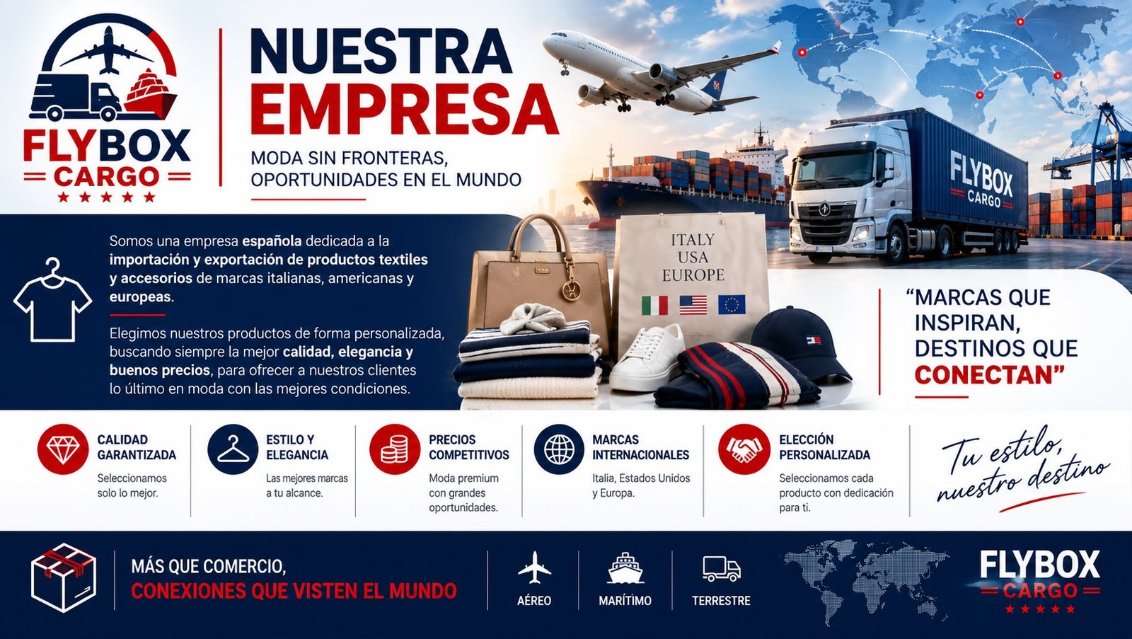 Avión, barco portacontenedores y camión de la presentación de Flybox Cargo